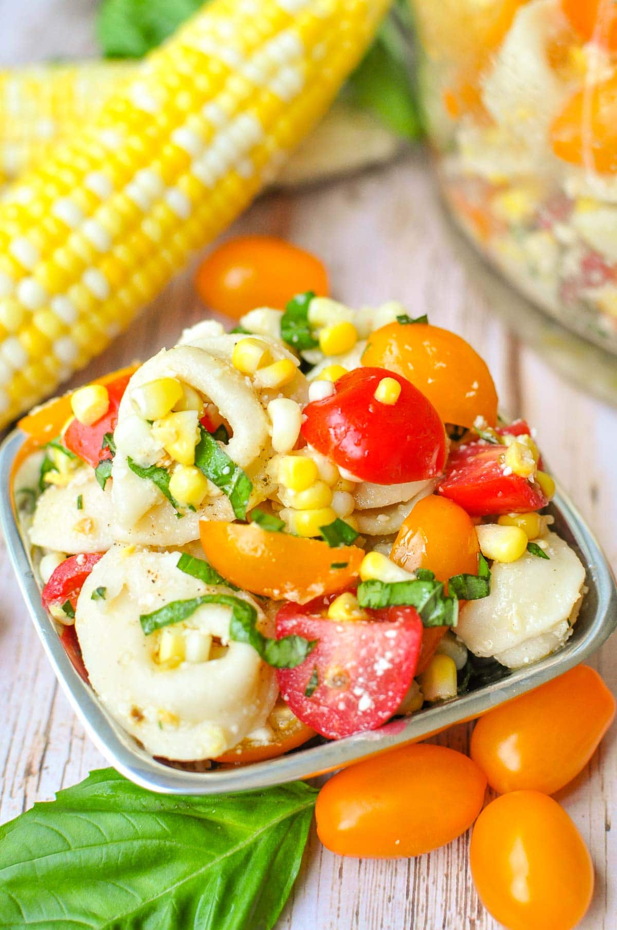 Tortellini Pasta Salad in pewter bowl.