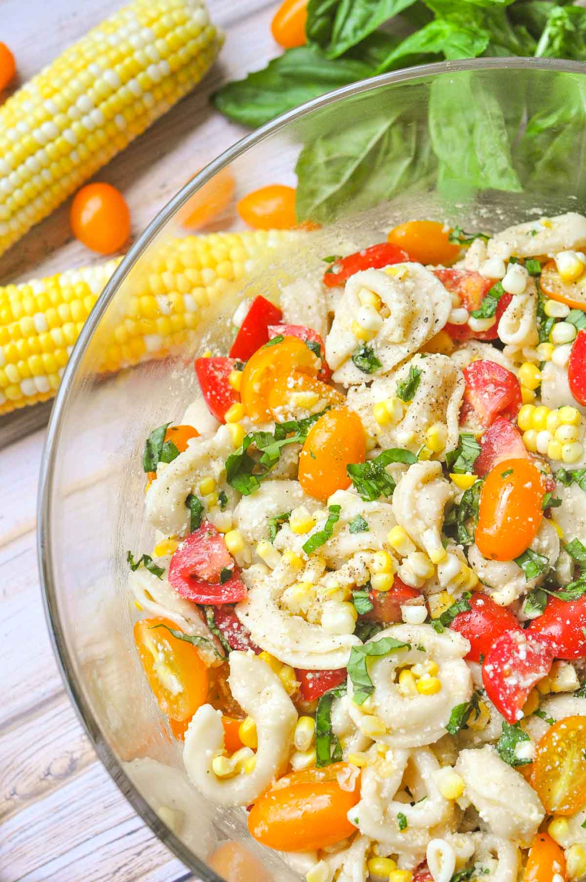 Tortellini Pasta Salad aerial view in glass bowl.