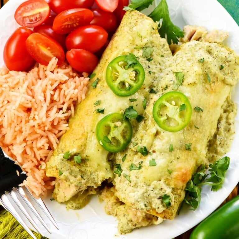 White Chicken Enchiladas, aerial view on plate.