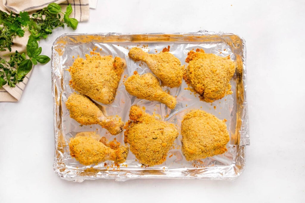 Baked Italian Chicken on baking sheet just out of the oven.
