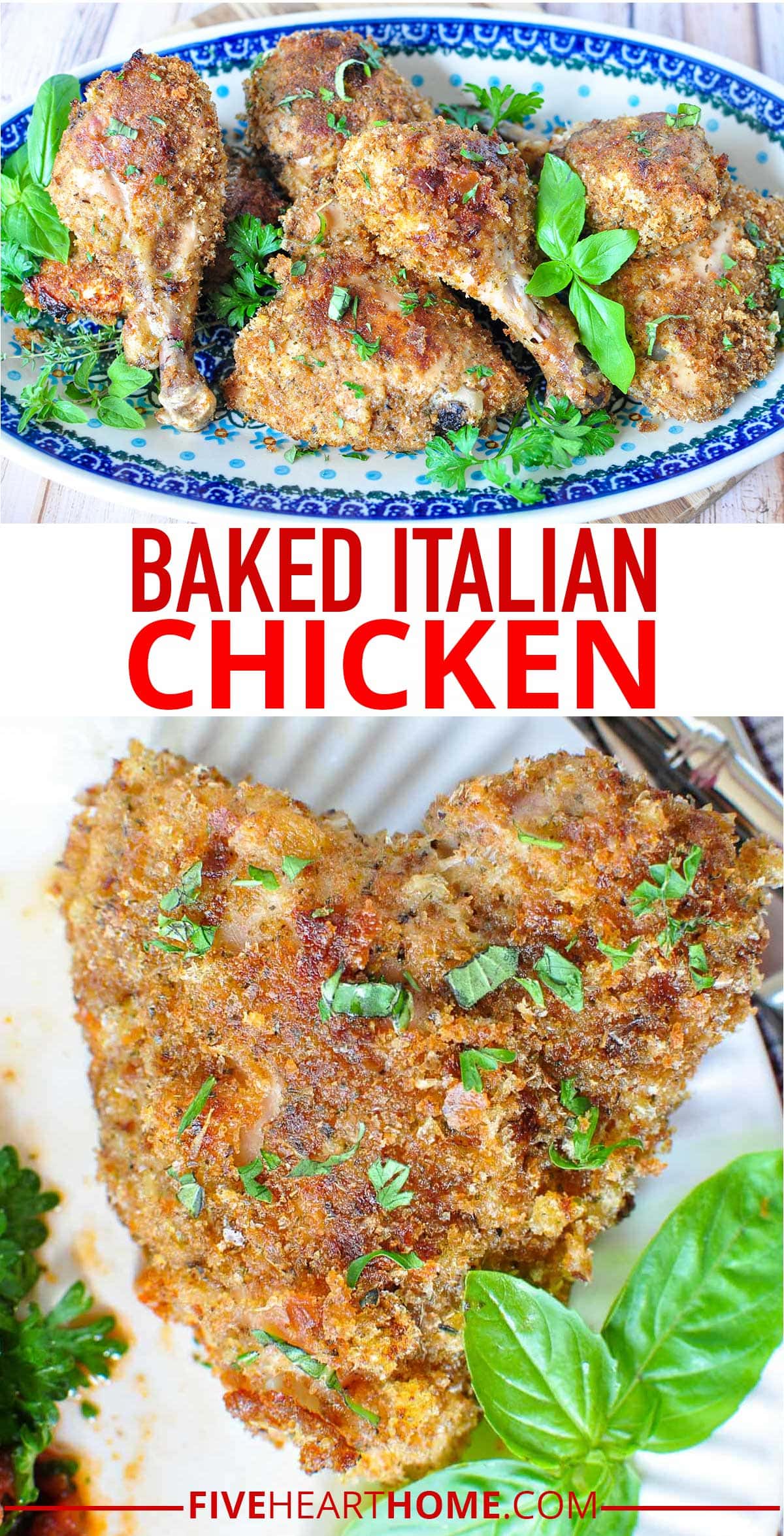 Baked Italian Chicken ~ this juicy and flavorful baked chicken recipe boasts a crunchy coating of homemade seasoned breadcrumbs...and it's oven-ready in minutes! | FiveHeartHome.com via @fivehearthome