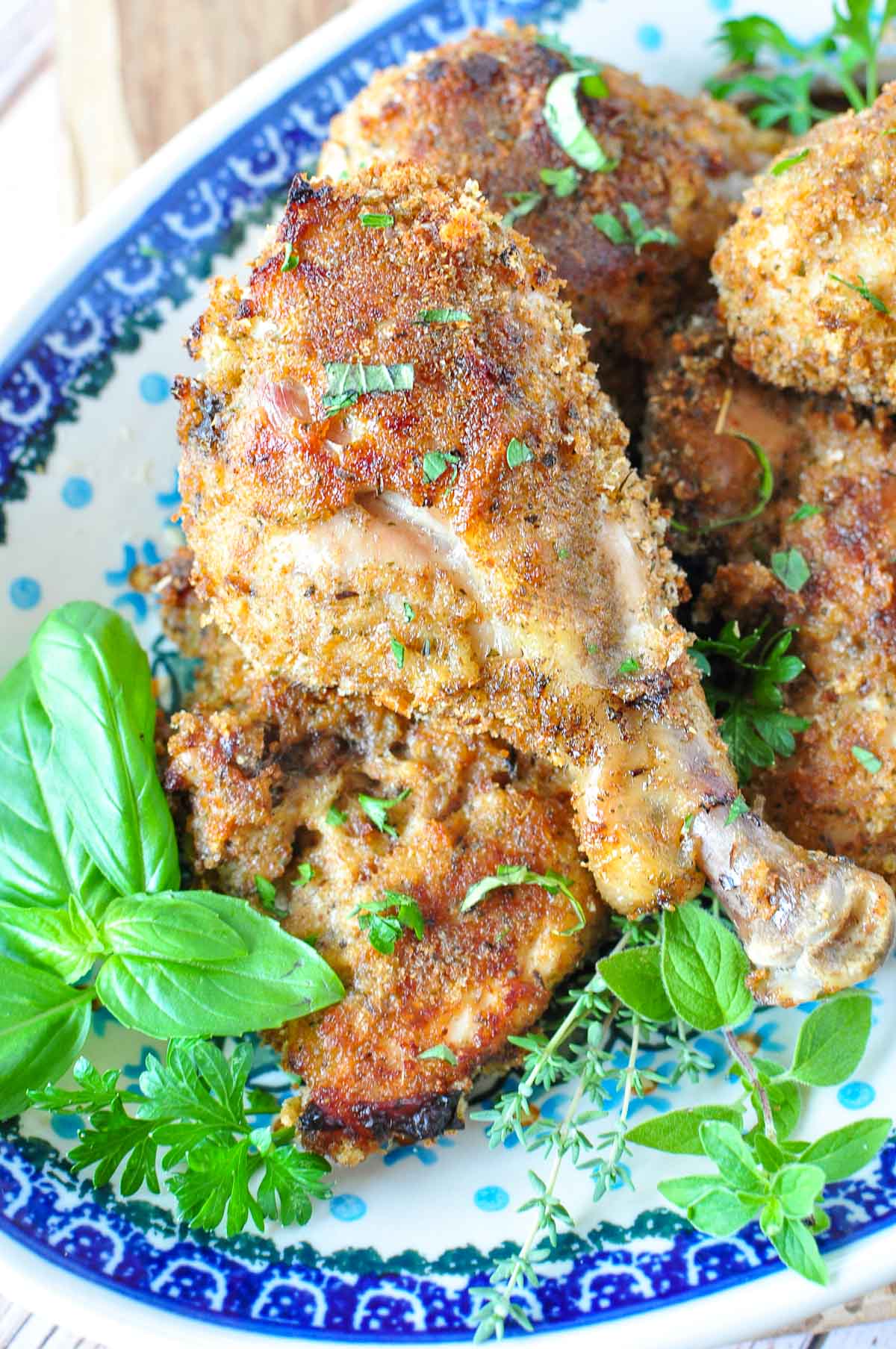 Close-up of Baked Italian Chicken drumstick.
