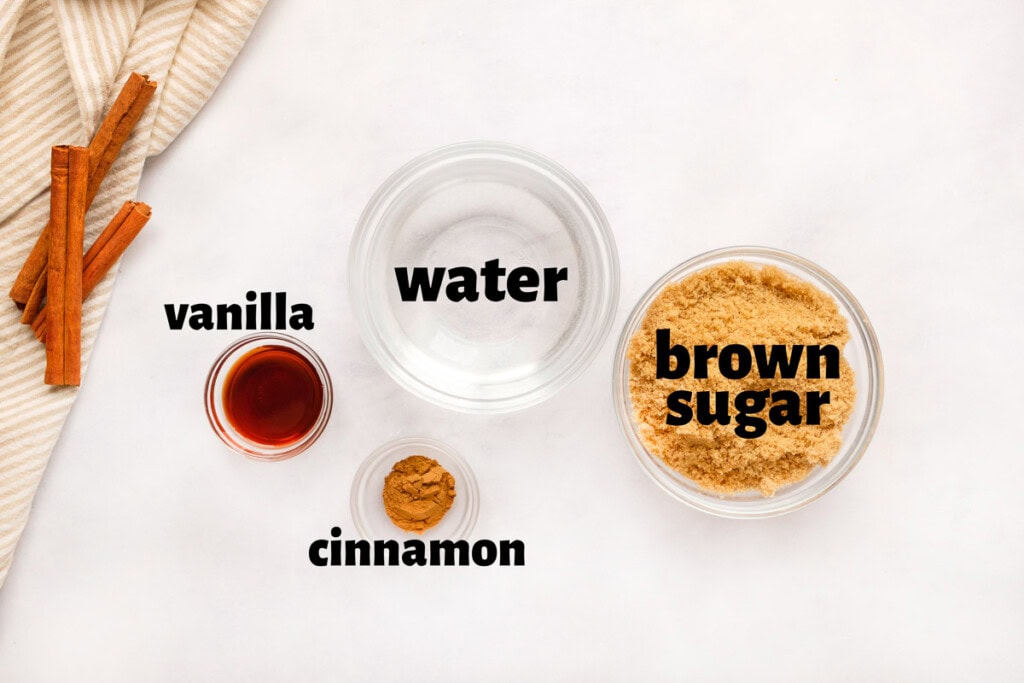 Labeled ingredients for Cinnamon Dolce Syrup, cinnamon syrup recipe.