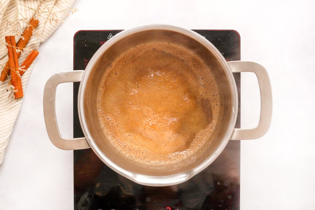 Boiling ingredients for brown sugar cinnamon syrup.