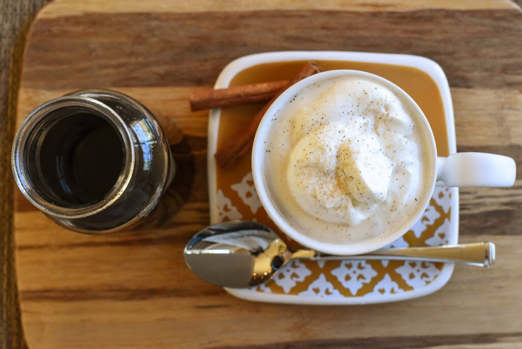 Cinnamon Dolce Syrup alongside cinnamon dolce latte.