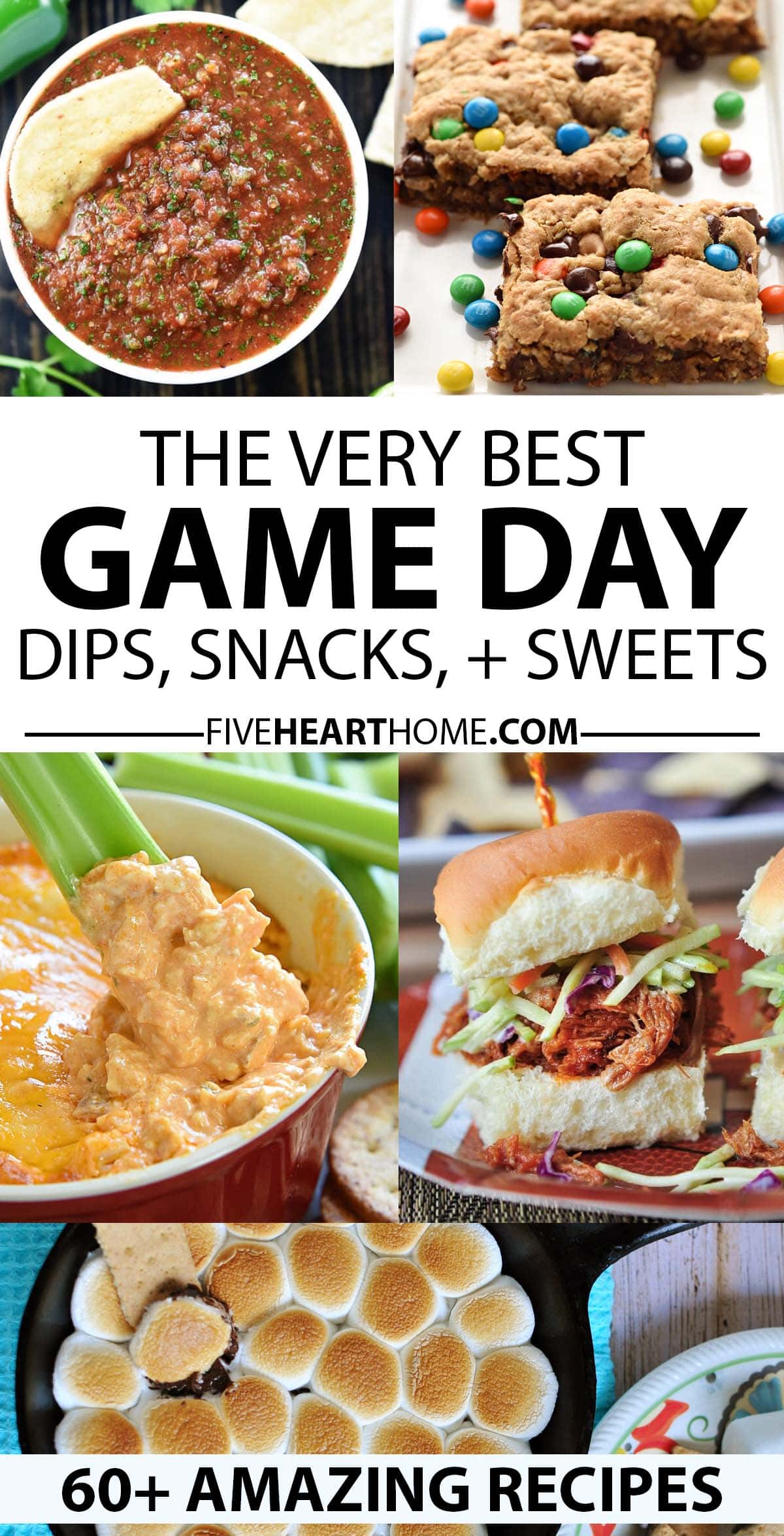 Game Day Recipes and Ideas ~ game day food is always a hit whether you're tailgating, hosting an at-home football watching party, or bringing grub to a Super Bowl party. This collection of mouthwatering recipes ranges from decadent dips to tasty finger foods, hearty chilis and soups to slow cooker sandwich and taco fillings, lightened-up snacks to crowd-friendly sweet treats. | FiveHeartHome.com via @fivehearthome