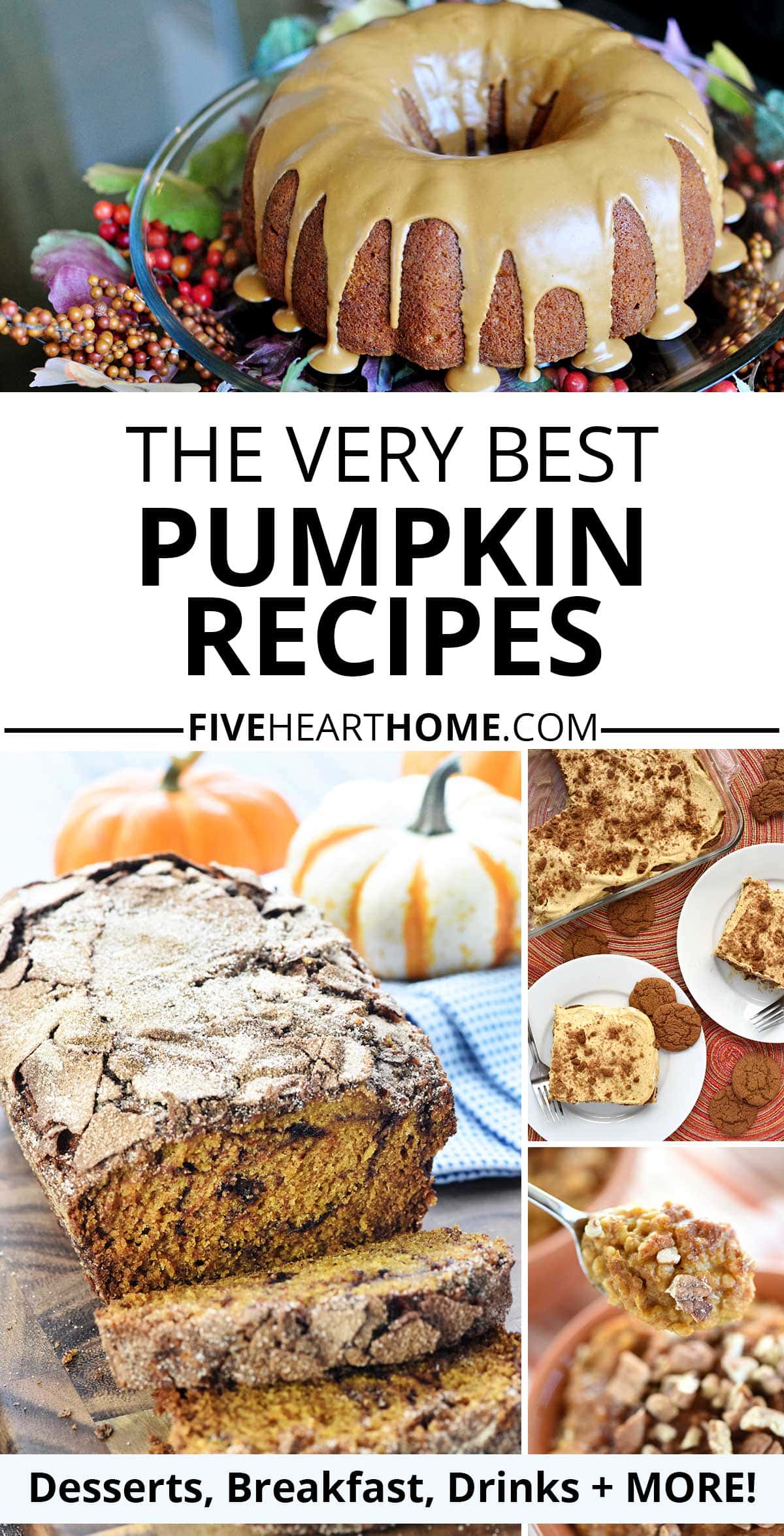Pumpkin Recipes Round-Up ~ embrace fall with a delicious collection of the BEST pumpkin recipes! This pumpkin recipe round-up features both healthy and decadent recipes that are easy to make...from pumpkin cakes and pumpkin bars, to pumpkin breads and pumpkin muffins, to pumpkin oatmeal, pumpkin drinks, and so much more! | FiveHeartHome.com via @fivehearthome