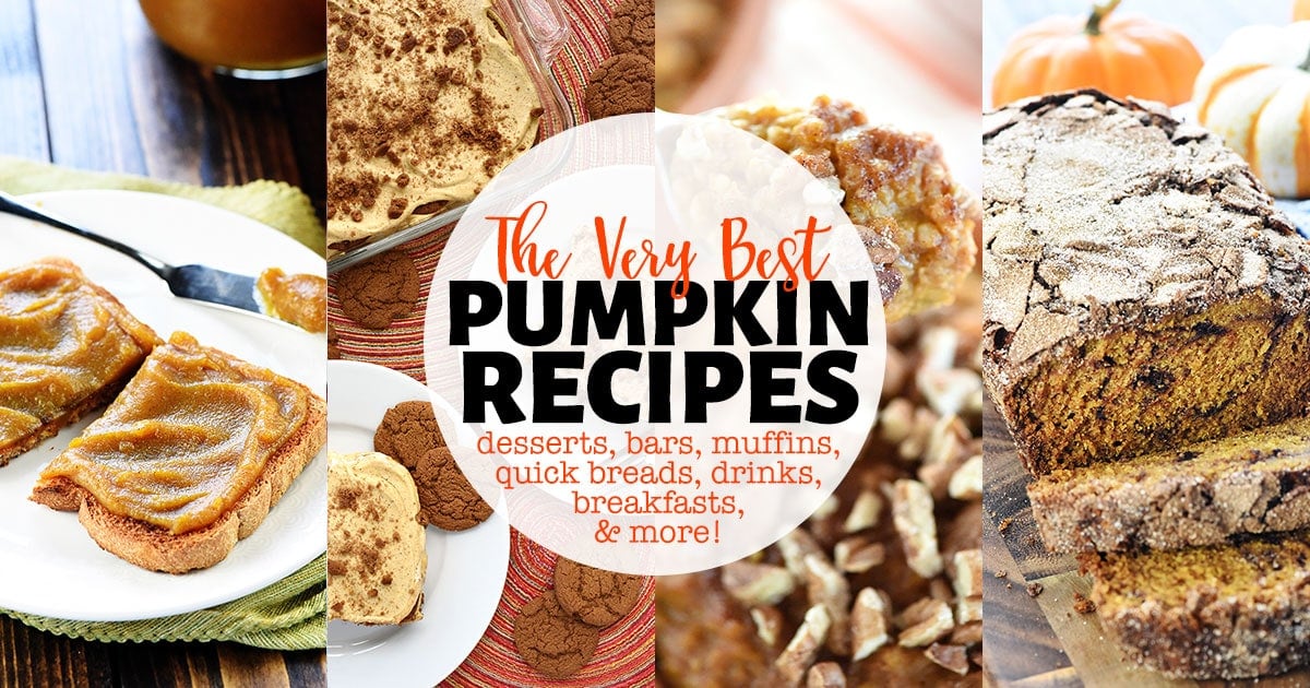 Pumpkin Recipes collage with recipes including desserts, bars, muffins, quick breads, drinks, breakfasts, and more.