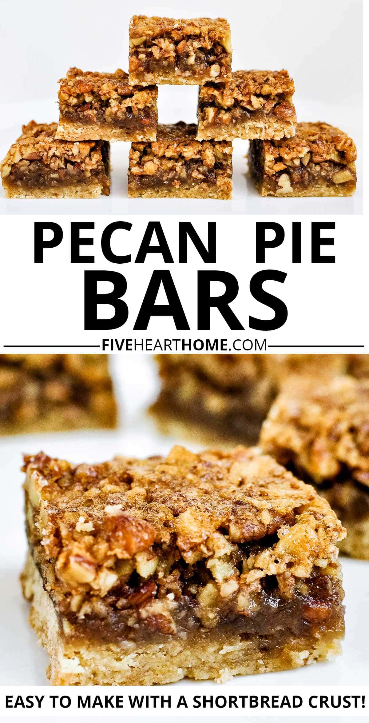 Pecan Pie Bars ~ with a buttery shortbread crust, a gooey nut filling, and a crunchy, crackly top, this pecan pie bars recipe yields portable, hand-held, pecan pie cookie treats! | FiveHeartHome.com via @fivehearthome