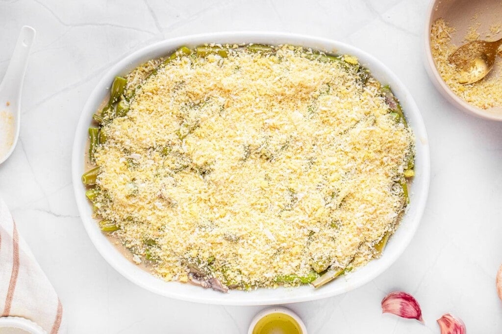 Topping sprinkled over Green Bean Casserole From Scratch.