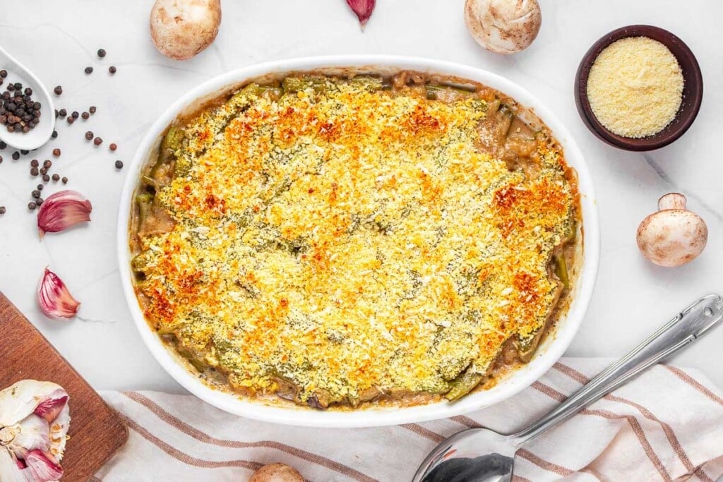 Green bean casserole with fresh green beans out of the oven.