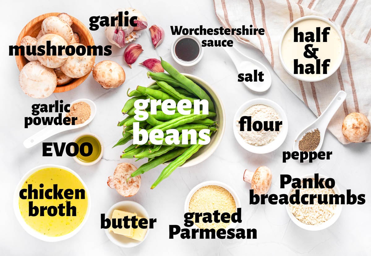 Labeled ingredients for how to make green bean casserole.