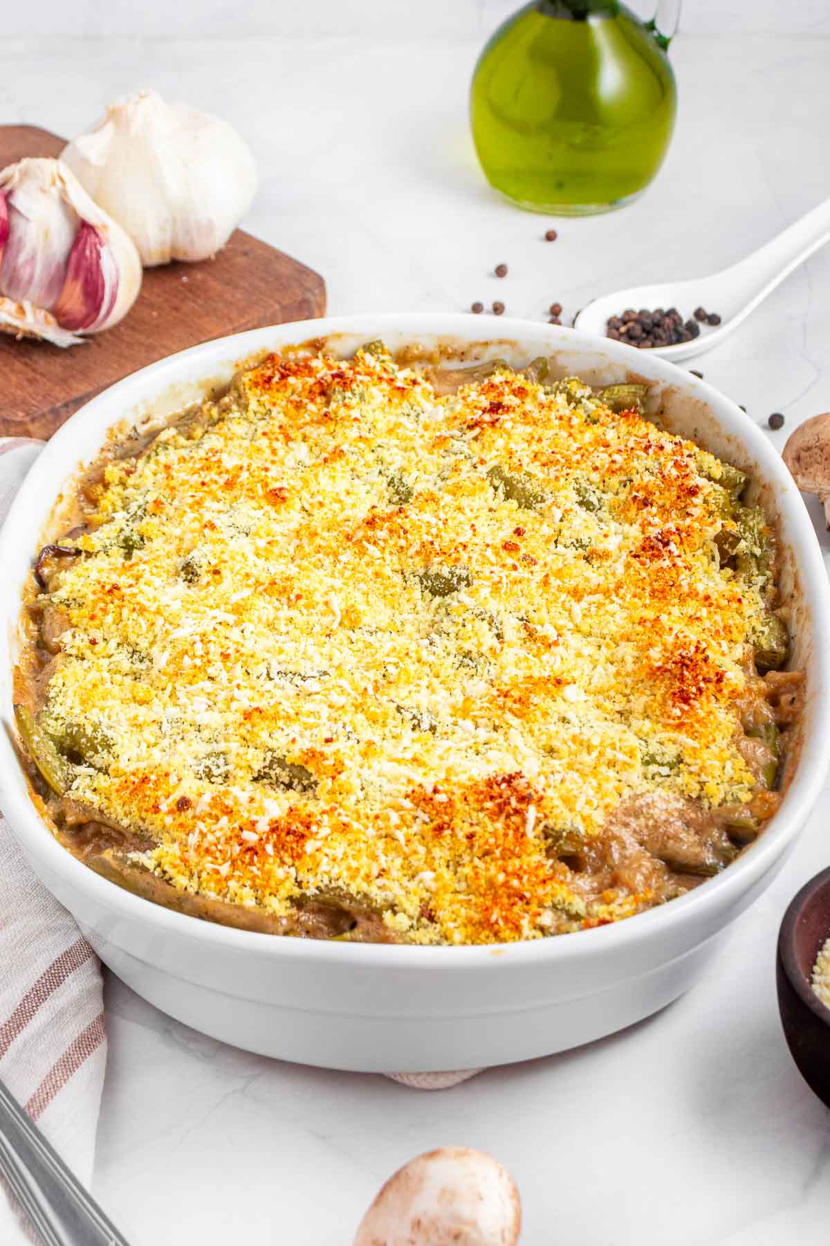 Green Bean Casserole From Scratch in white baking dish.
