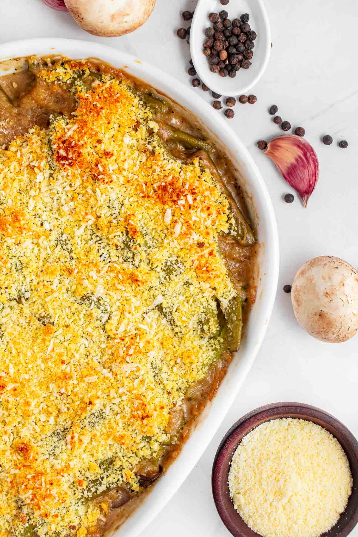 Green Bean Casserole From Scratch with mushrooms and garlic.