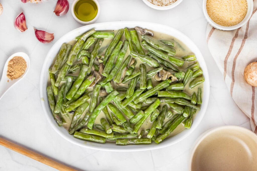 Green Bean Casserole From Scratch ready for the oven.