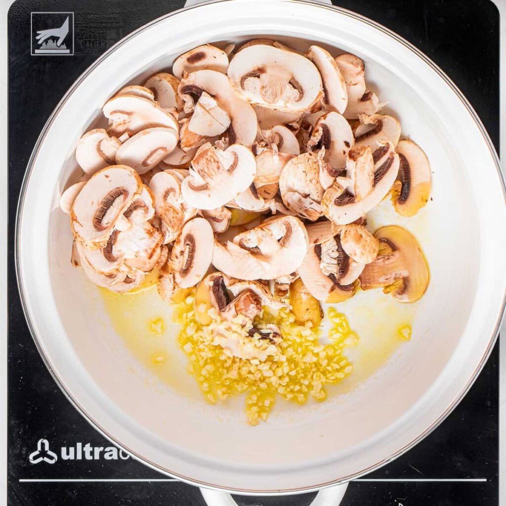 Sauteeing mushrooms and garlic.