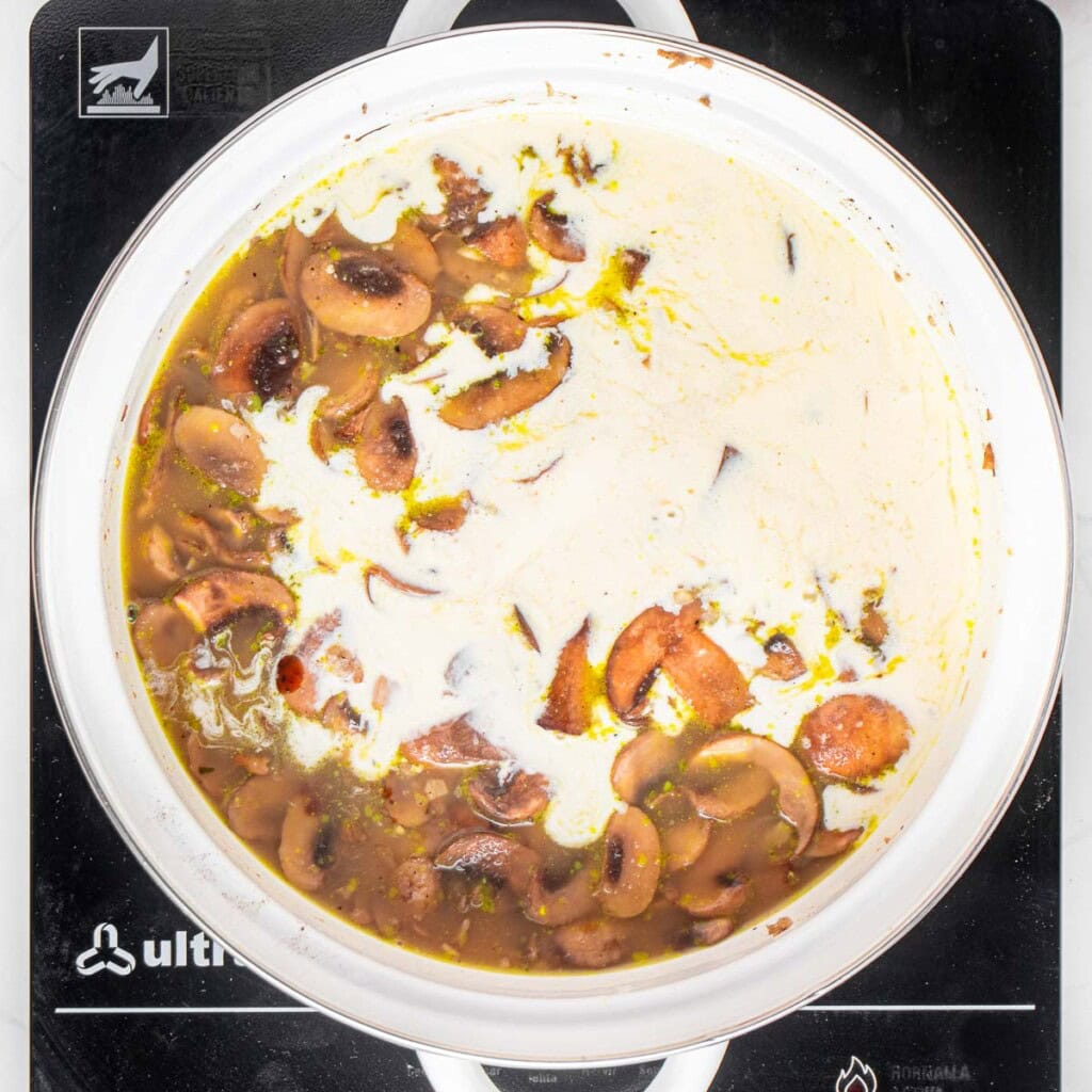 Adding half-and-half to sauce for Green Bean Casserole From Scratch.
