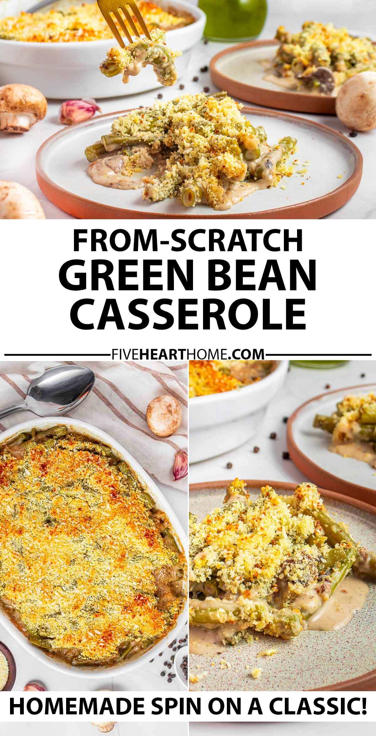 Green Bean Casserole From Scratch ~ creamy, savory, and easy to make, this homemade green bean casserole is loaded with fresh ingredients and topped with a golden Parmesan-Panko crust for a perfect upgrade to the traditional Thanksgiving side dish that’s sure to impress your family and guests! You’ll never wonder how to make green bean casserole again! | FiveHeartHome.com via @fivehearthome