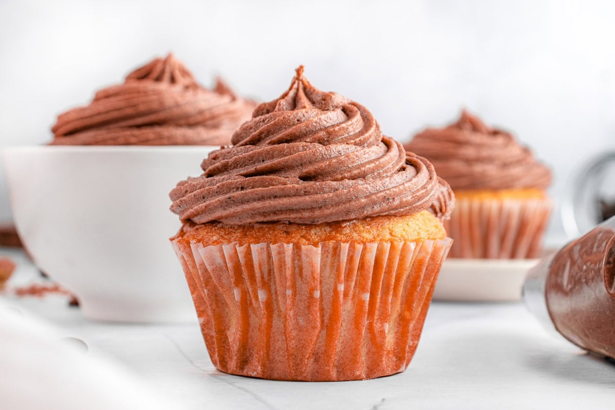 Vanilla cupcake with Chocolate Cream Cheese Frosting.