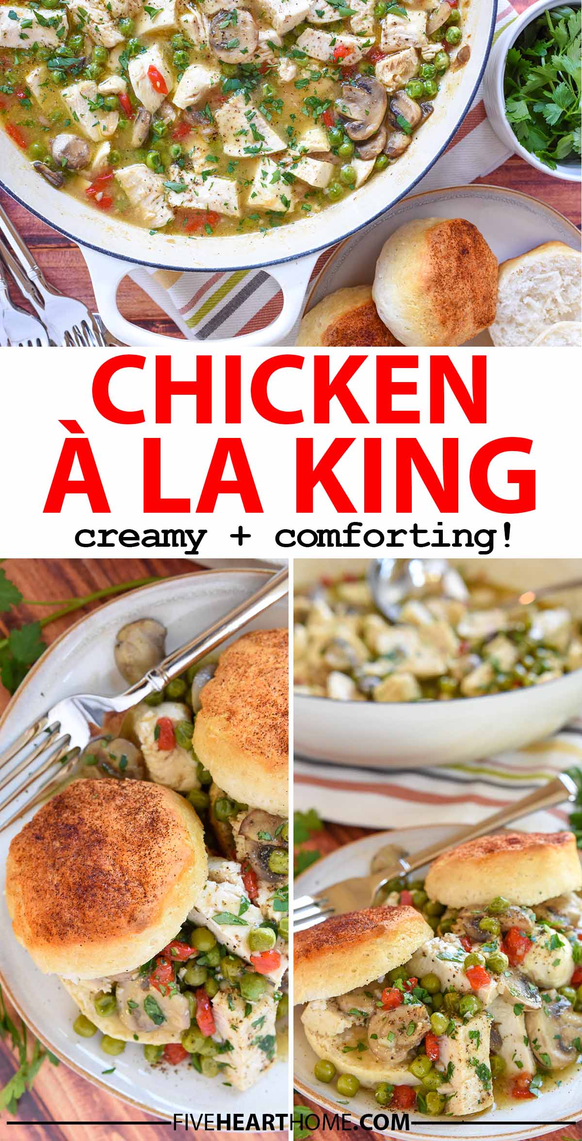 Chicken à la King ~ this easy chicken recipe is a comforting, retro dinner featuring tender chicken breasts, garlicky mushrooms, sweet peas, zesty pimentos, and fresh parsley in a flavorful white wine sauce. Serve this healthy chicken a la king recipe over warm, fluffy biscuits! | FiveHeartHome.com via @fivehearthome