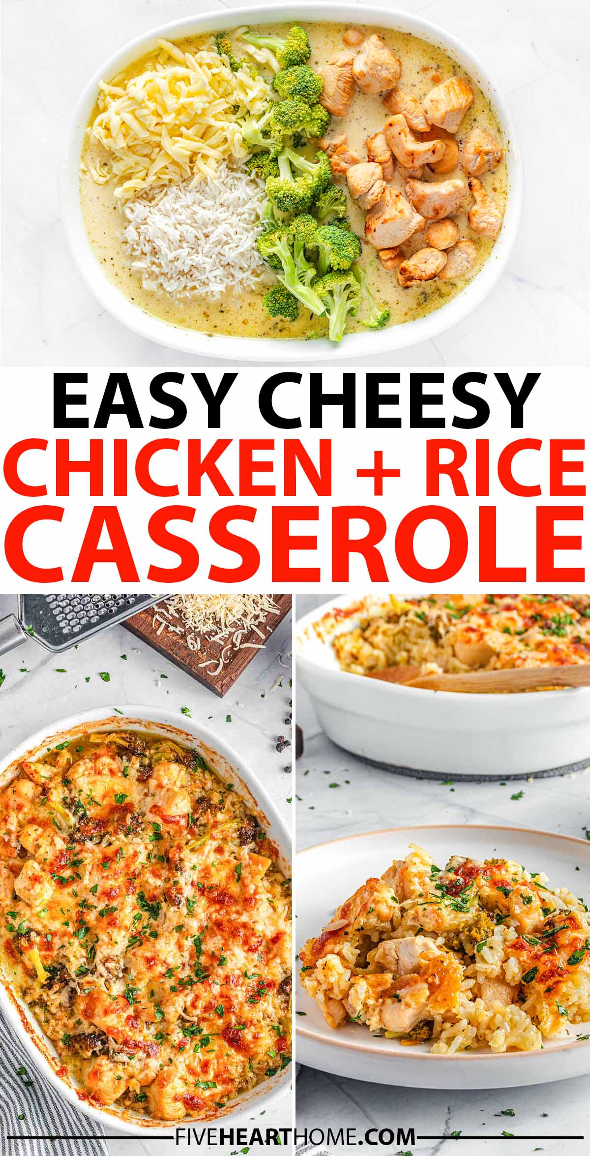 Cheesy Chicken and Rice Casserole ~ this comforting, one dish, dump and bake casserole is loaded with chicken, rice, broccoli, cheese, and alfredo sauce for an easy dinner that can be mixed directly in the baking dish before popping in the oven! | FiveHeartHome.com via @fivehearthome