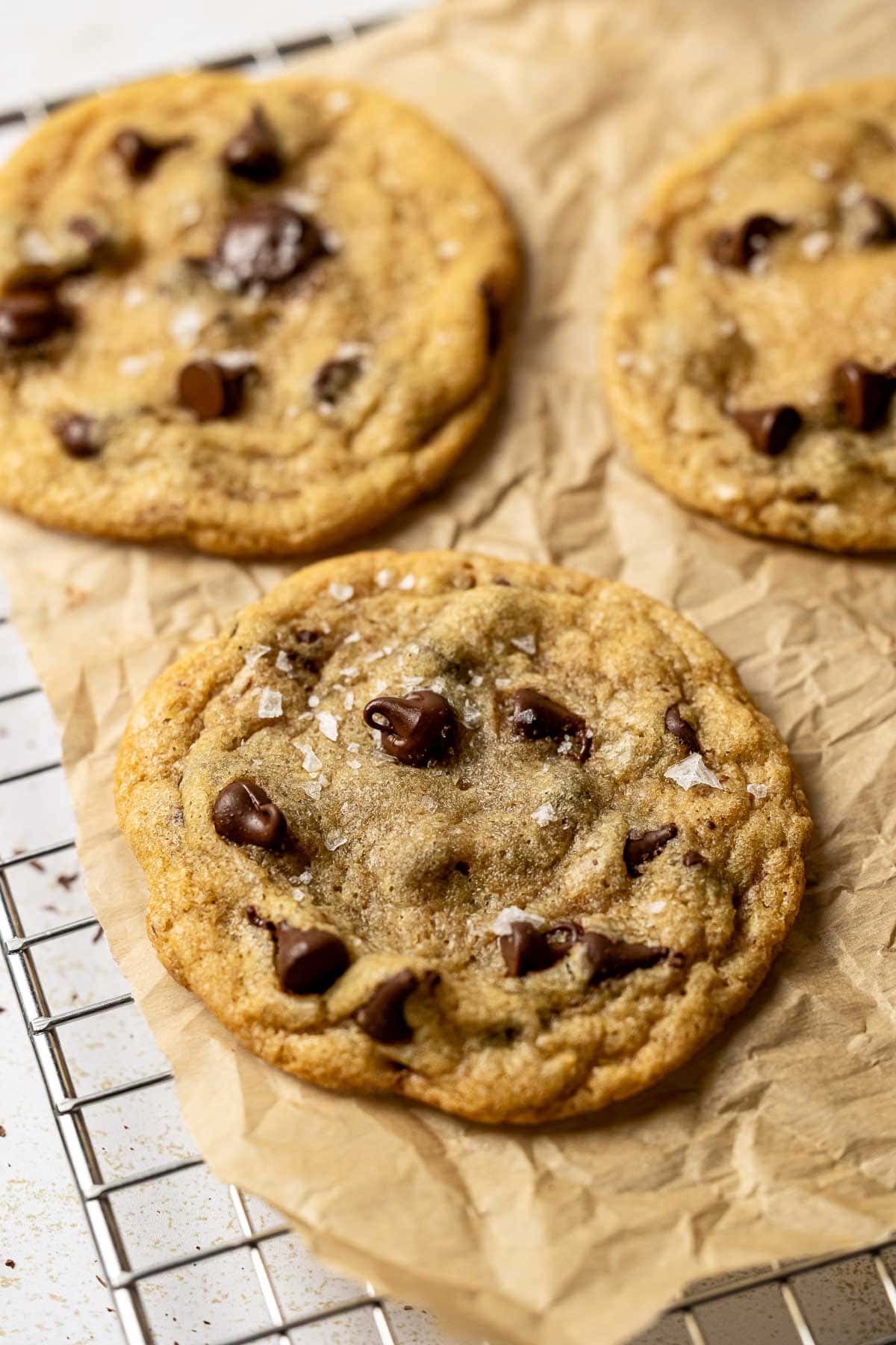 Brown Butter Chocolate Chip Cookies cooling on rack.