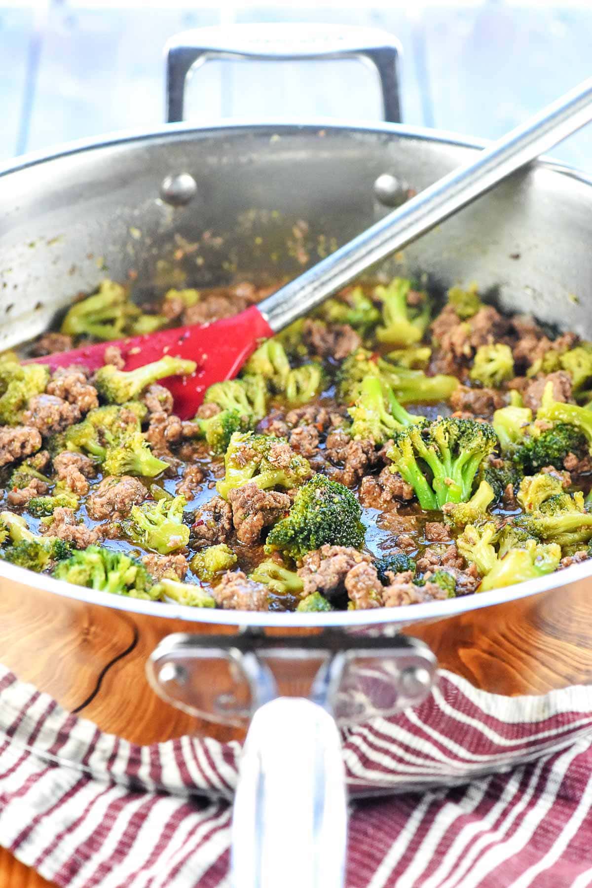 Ground Beef and Broccoli recipe in skillet.