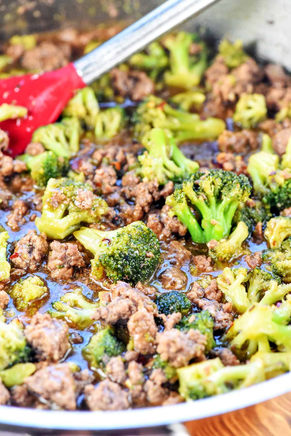 Ground Beef and Broccoli in pan with sauce.