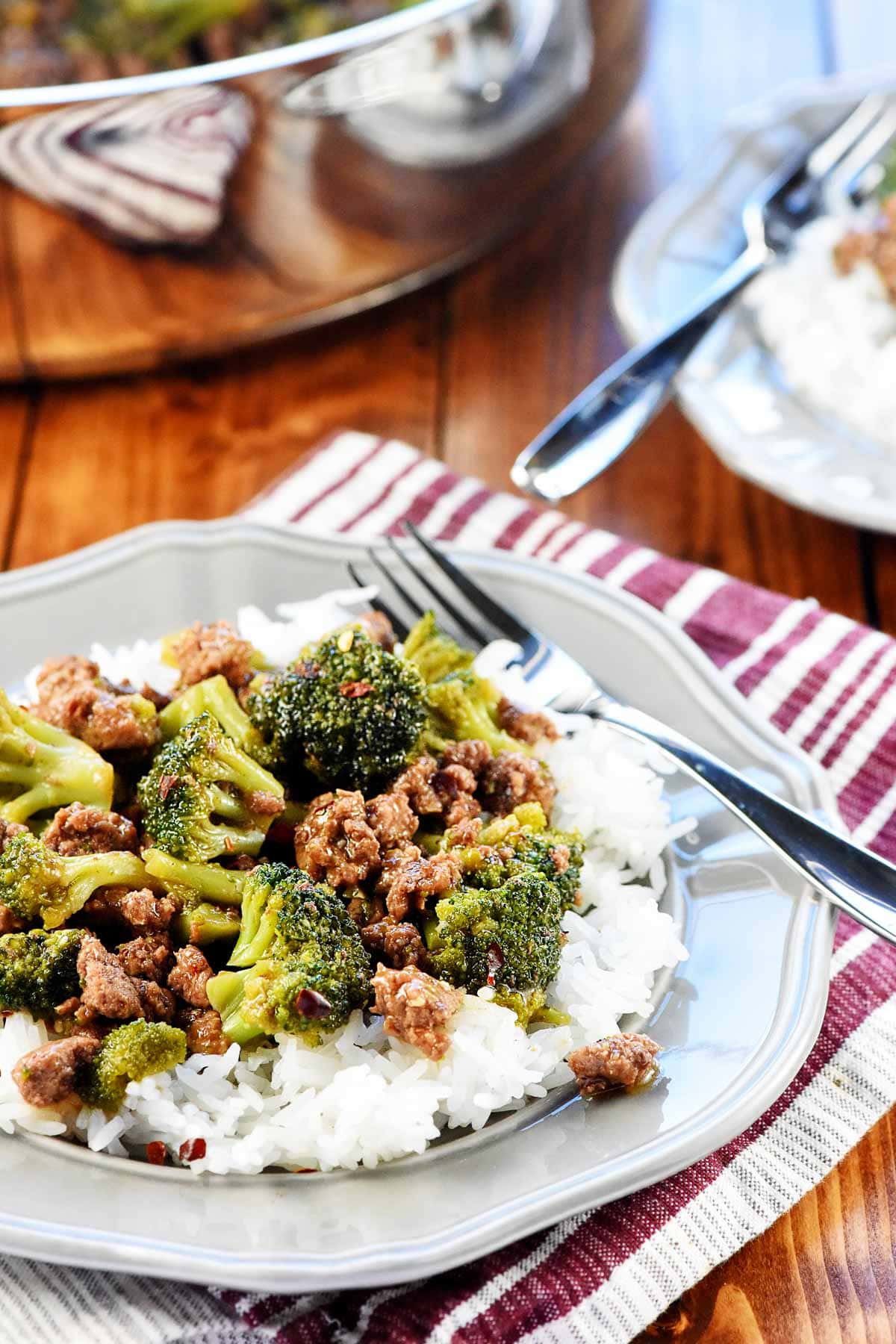 Ground Beef and Broccoli on plate and in skillet for an idea of what to make with ground beef.