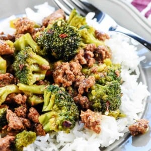 Ground Beef and Broccoli close-up over rice.