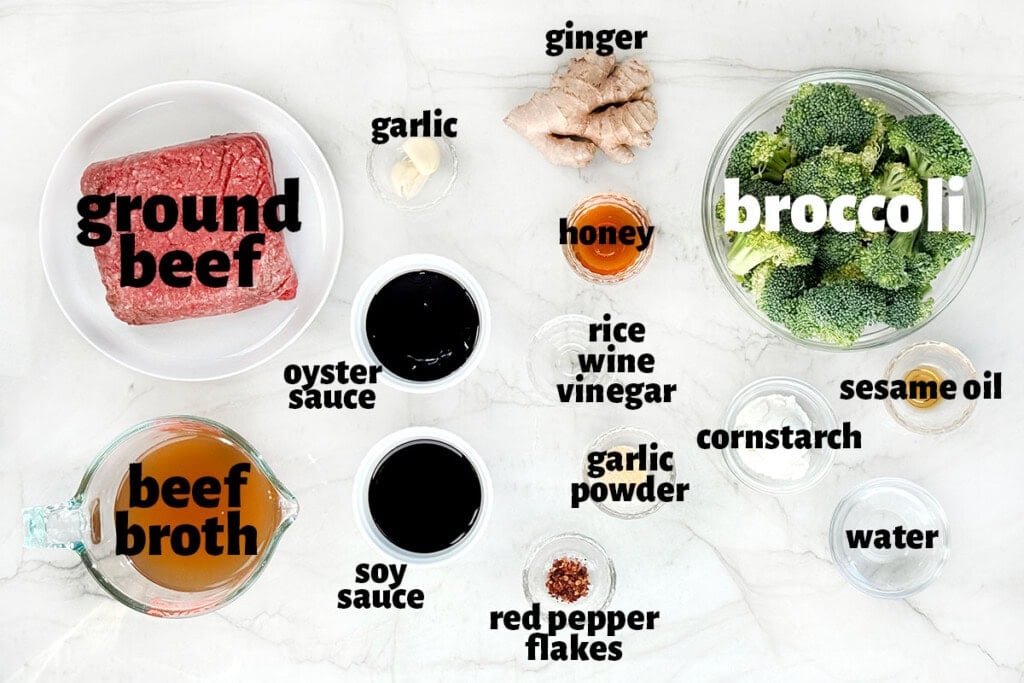 Labeled ingredients to make Ground Beef and Broccoli recipe.
