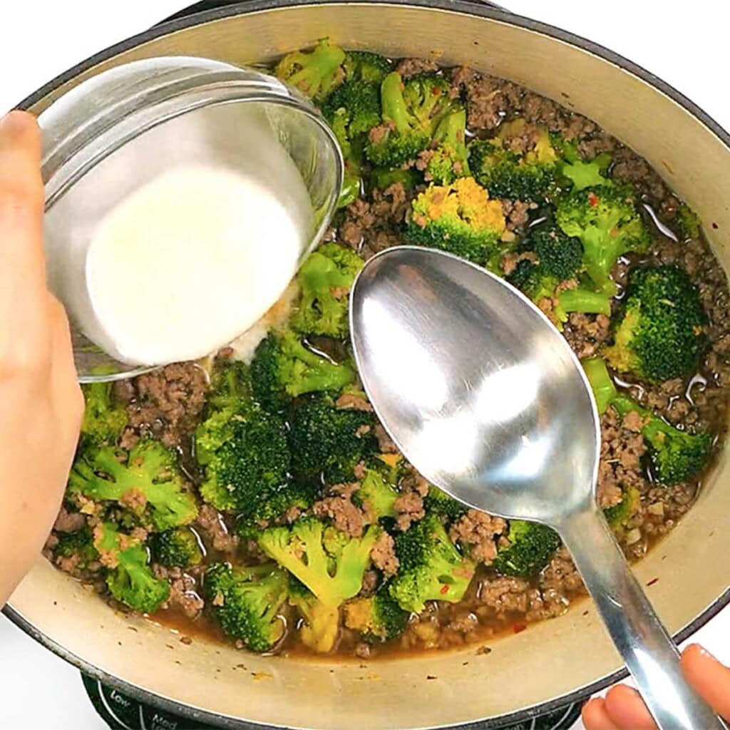 Adding cornstarch slurry to Ground Beef and Broccoli for quick ground beef recipes.