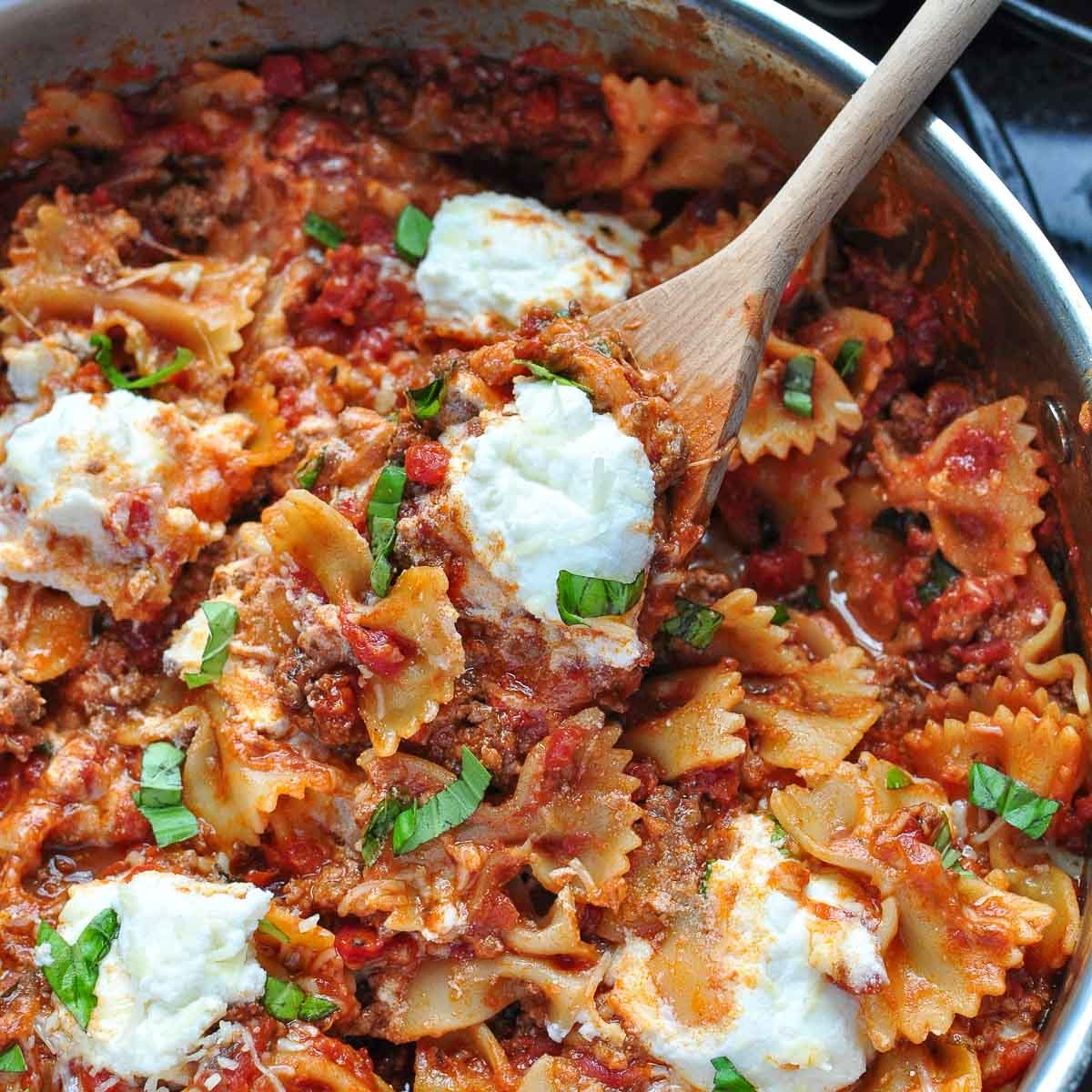 Skillet Lasagna close-up in pan.
