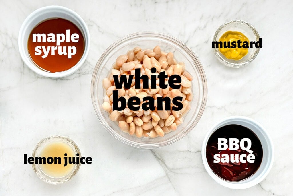 Labeled ingredients to make Easy Baked Beans recipe.