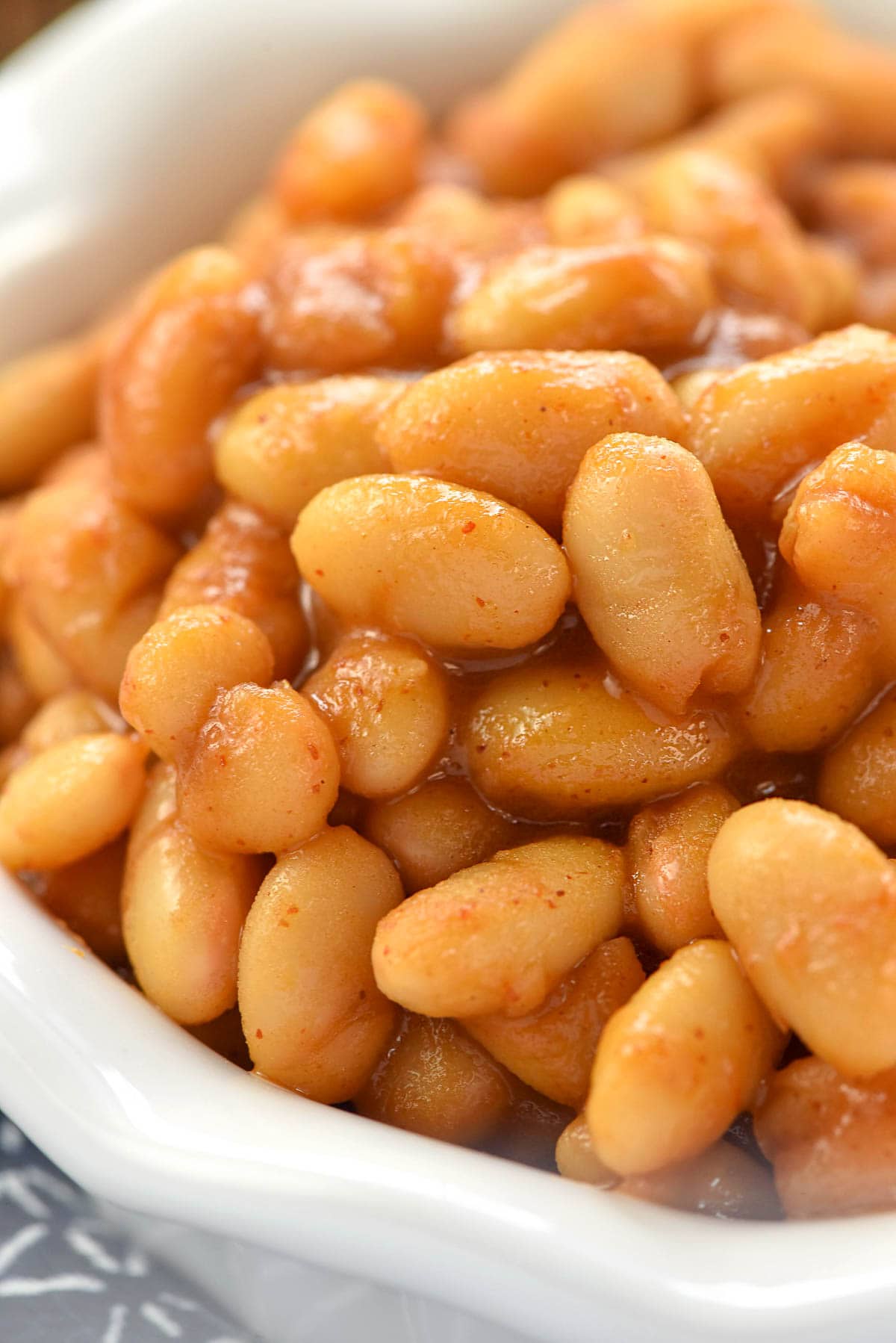 Easy Baked Beans close-up in bowl.