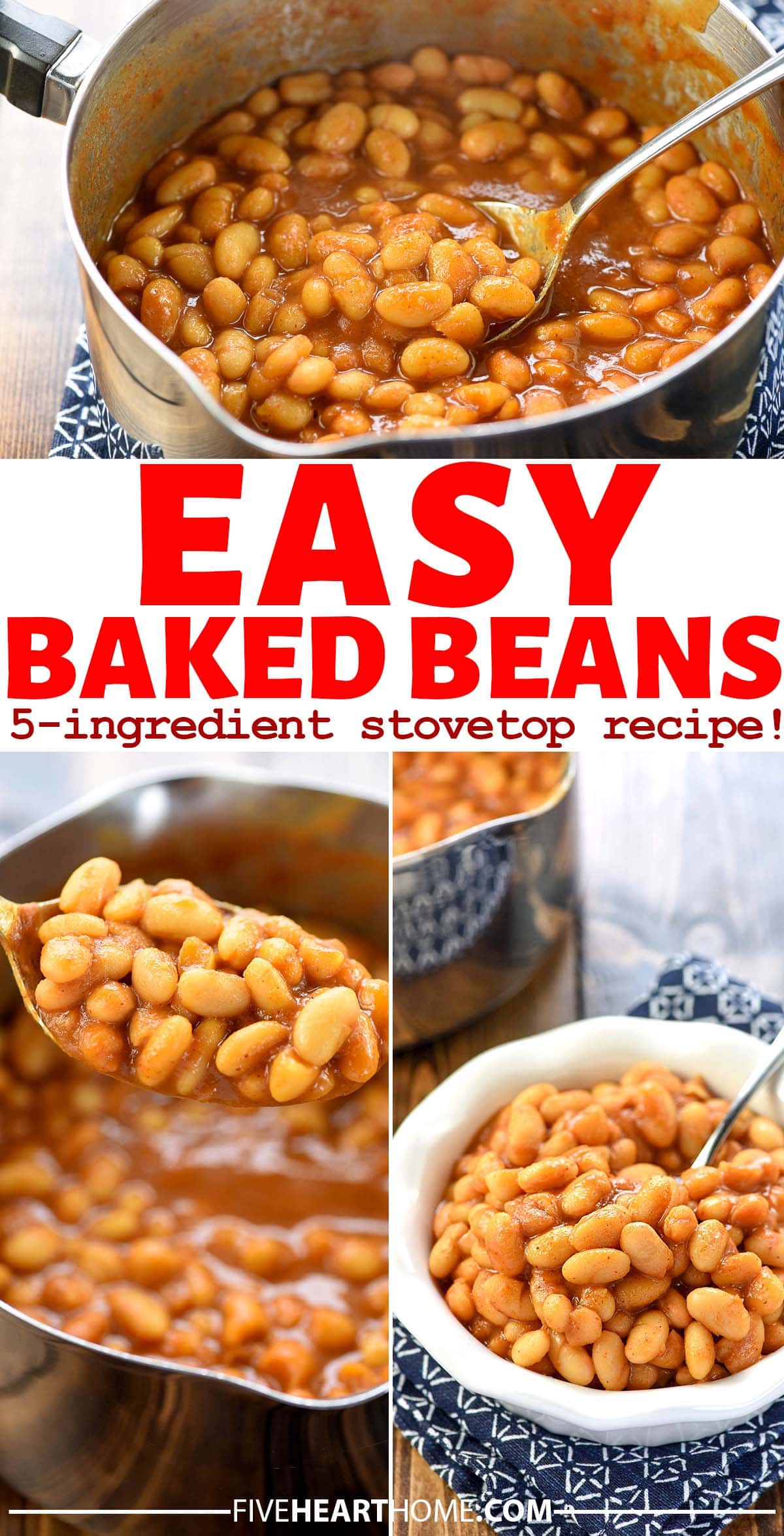 Easy Baked Beans ~ dress up canned white beans with this quick, 5-ingredient, stovetop recipe for a versatile dinnertime side dish! | FiveHeartHome.com via @fivehearthome