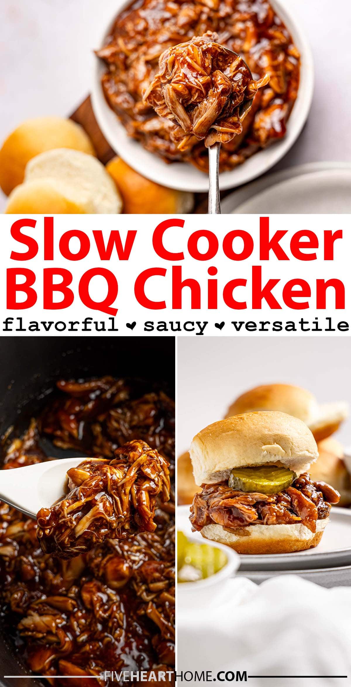 Slow Cooker BBQ Chicken ~ this BBQ chicken crockpot recipe takes minutes to put together and yields flavorful, succulent, saucy BBQ chicken thighs that — once shredded — are delicious in sandwiches, on salads, over nachos, on pizza, and so much more! | FiveHeartHome.com via @fivehearthome
