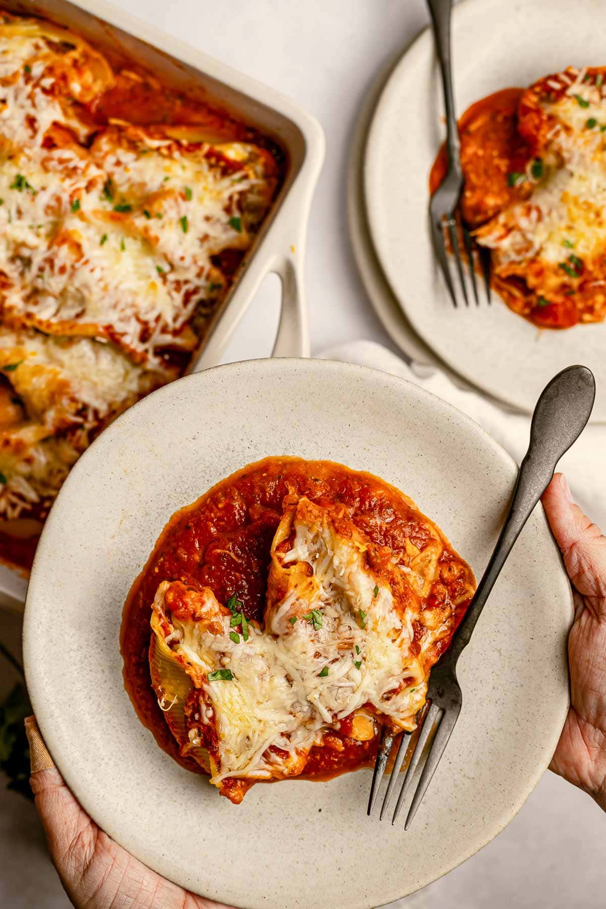 Stuffed Shells with Meat on plates.