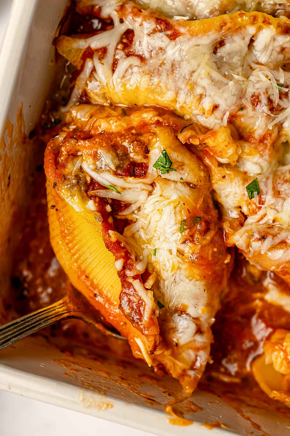 Stuffed Shells with Meat close-up of shell.