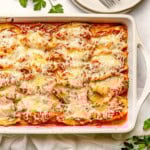 Stuffed Shells with Meat in baking dish ready to serve.