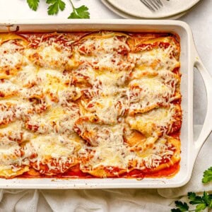 Stuffed Shells with Meat in baking dish ready to serve.