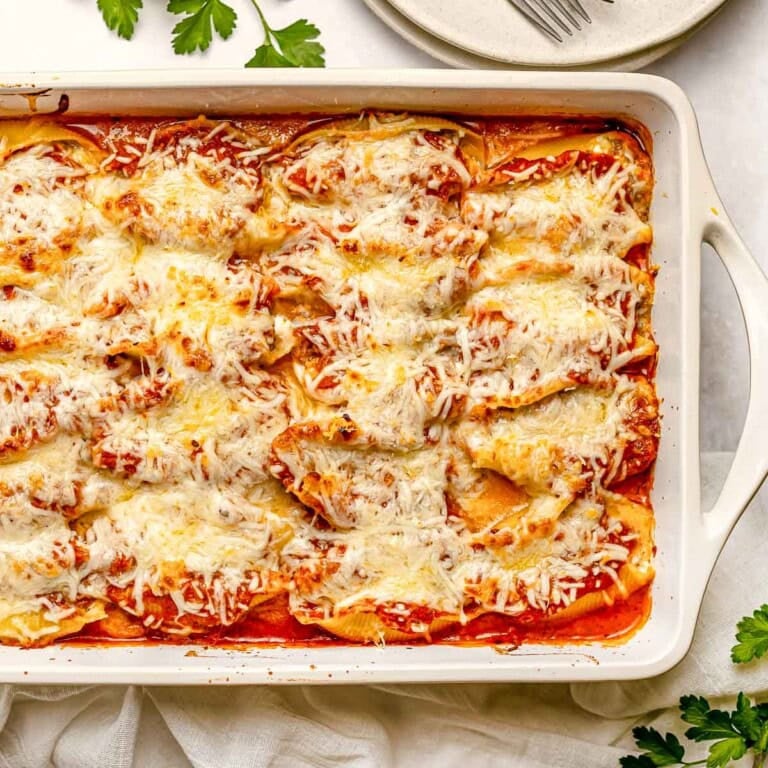 Stuffed Shells with Meat in baking dish ready to serve.