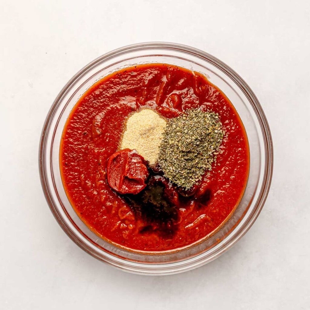 Pasta sauce ingredients in bowl.