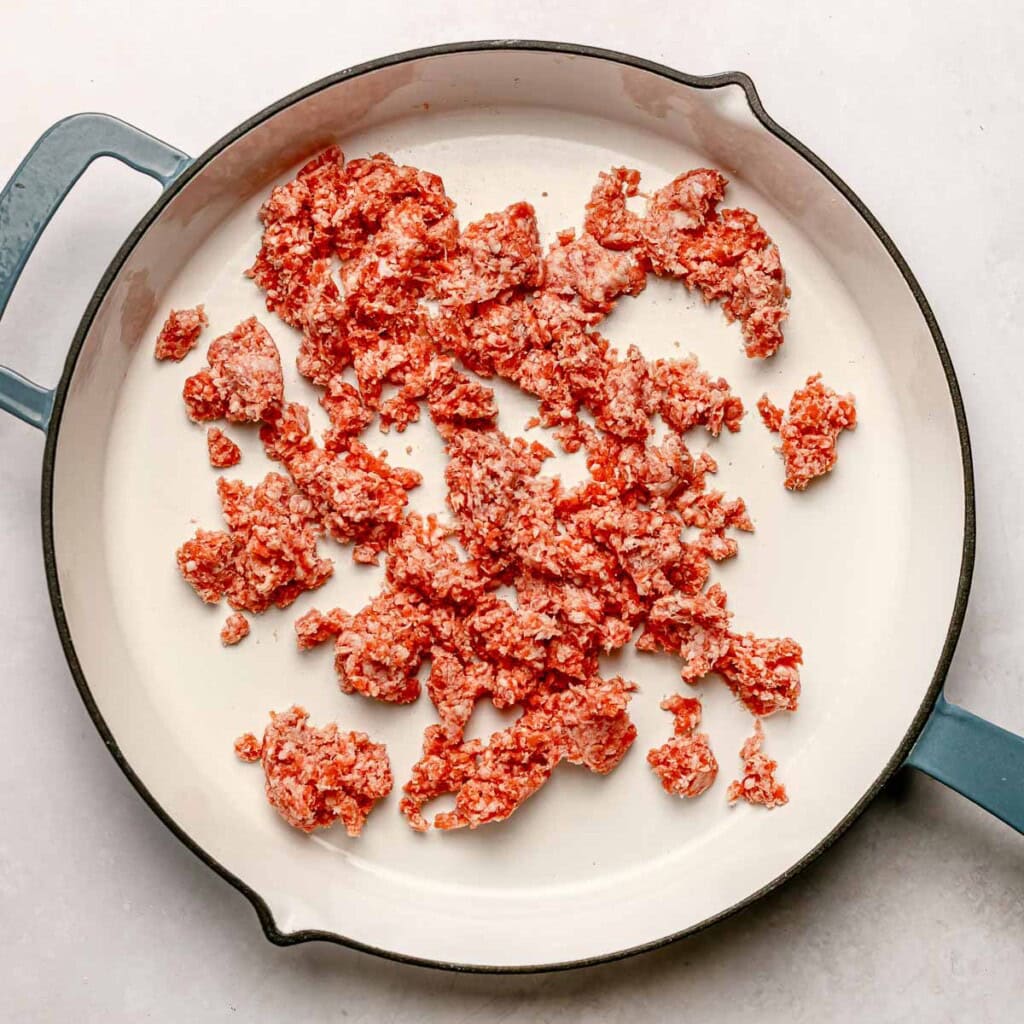 Browning ground beef for Stuffed Shells with Meat.