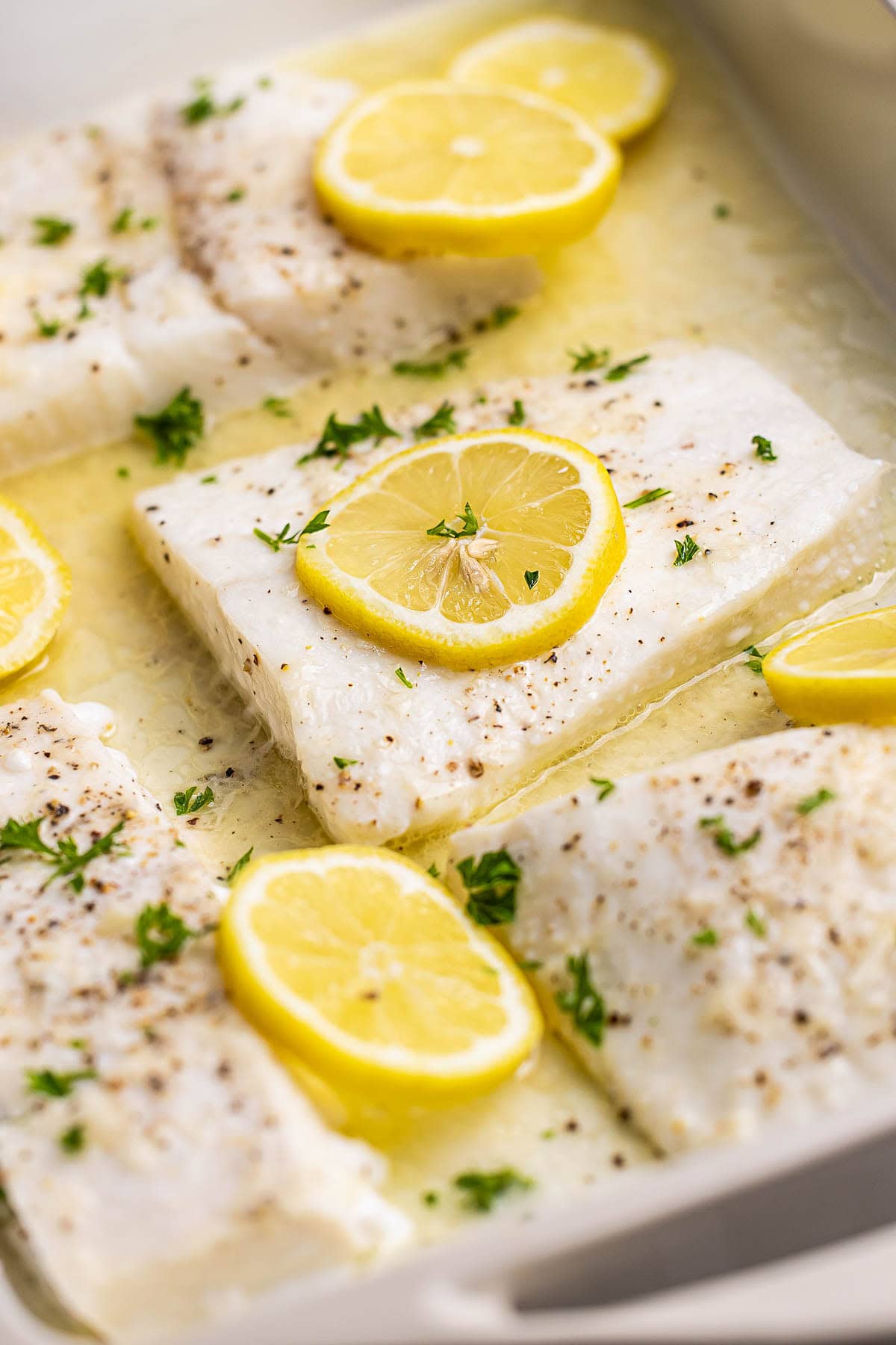 Baked Halibut close-up in dish from oven.