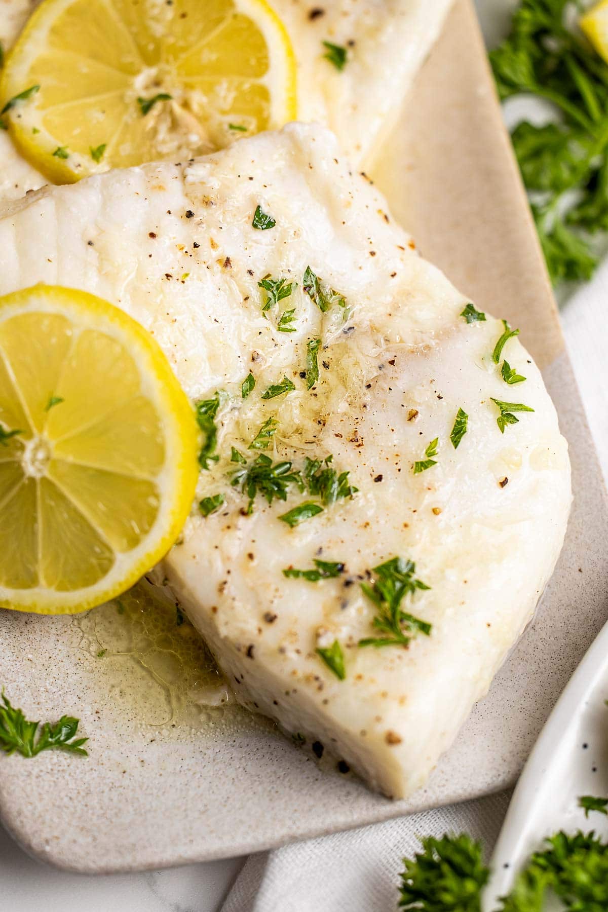 Baked Halibut recipe close-up.