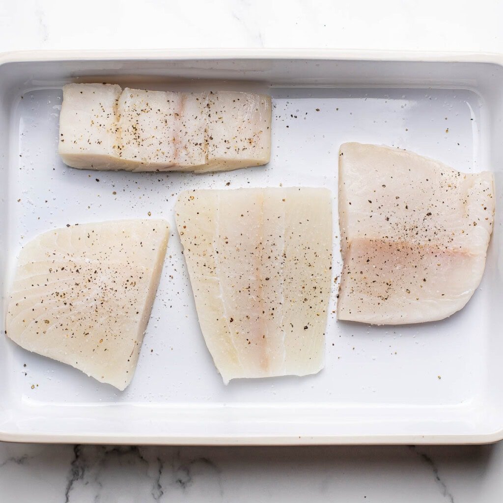 Baking dish of filets for oven baked halibut.