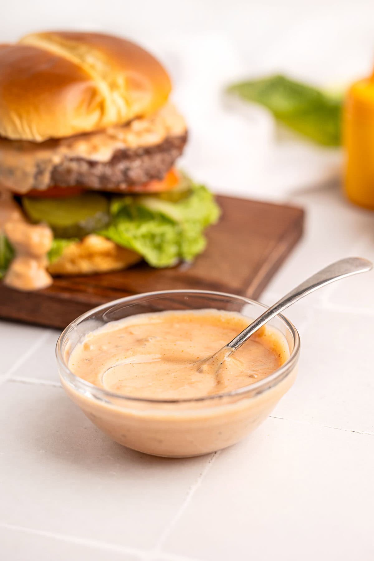 Burger Sauce recipe in bowl with spoon.