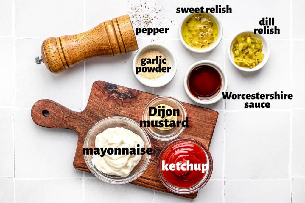 Labeled ingredients to make Burger Sauce recipe.