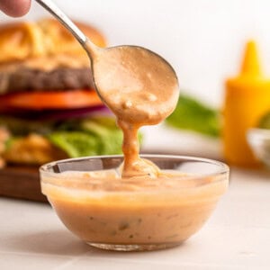 Burger Sauce recipe close-up in bowl and on spoon.